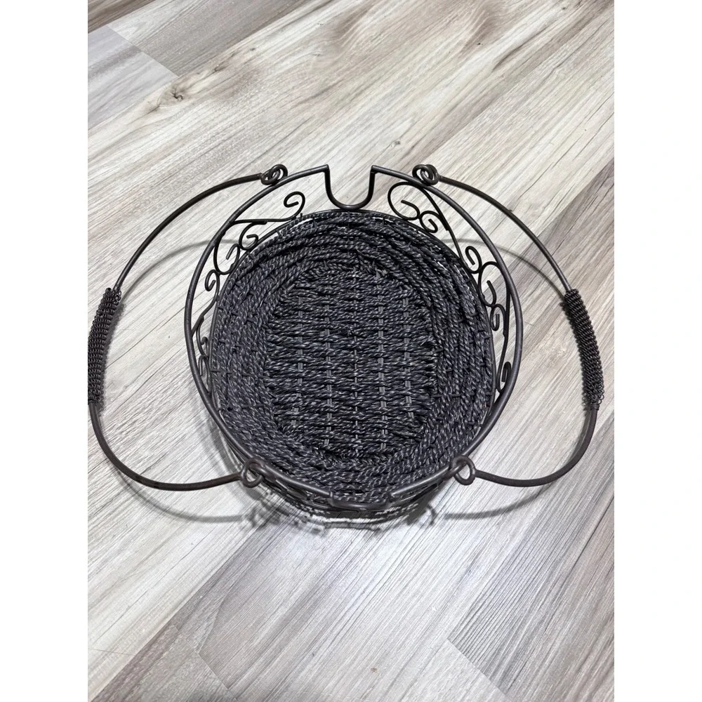 Dark Brown Oval Woven Basket Metal Frame Scrollwork Handles Farmhouse Decor